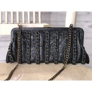 CLEOBELLA Black Leather Chain Framed Clutch Crossbody Shoulder Evening Bag